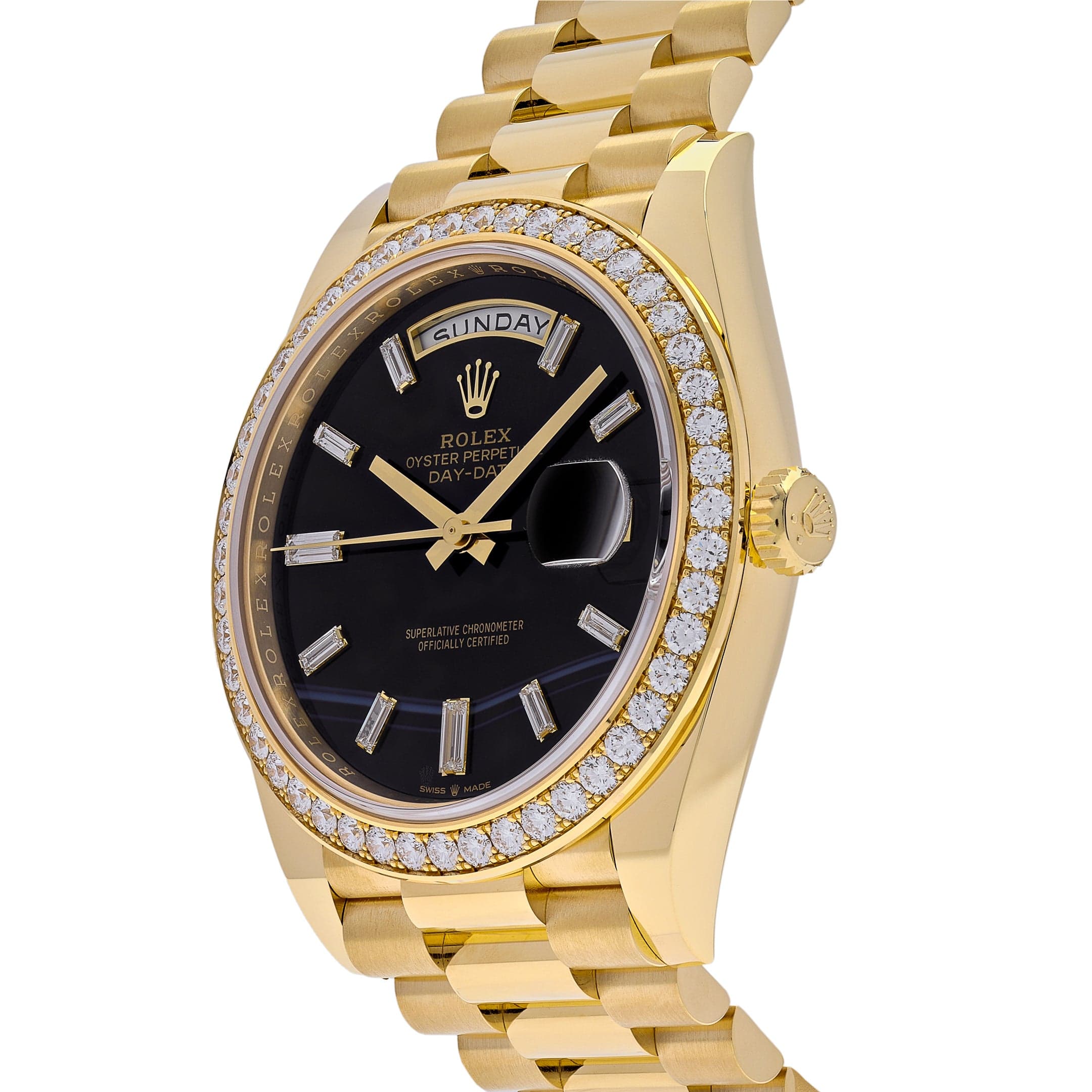 Rolex Day-Date 228348RBR Yellow Gold Diamond Bezel Black Onyx Dial