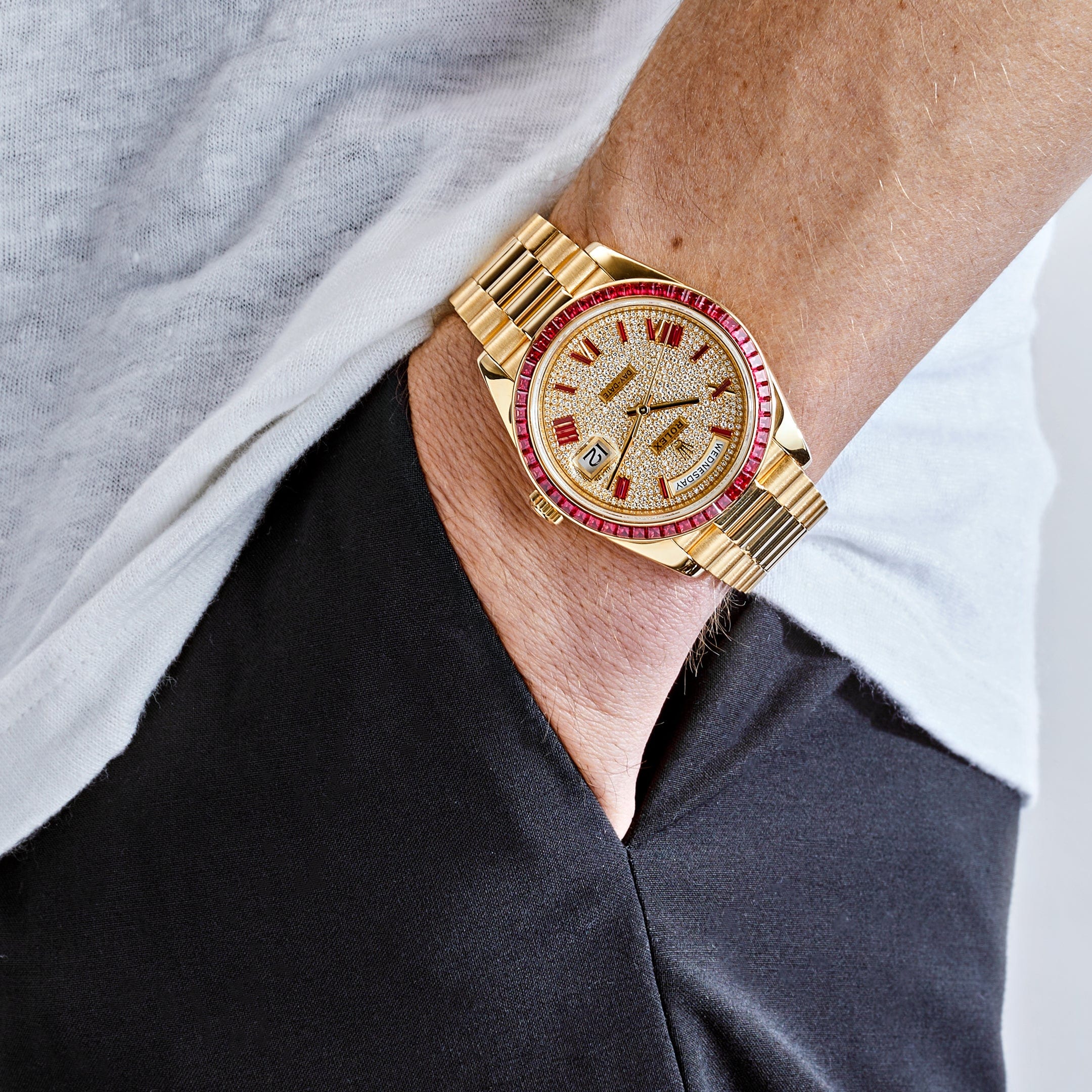 Rolex Day-Date 228398TRU Yellow Gold Roman Dial Ruby Bezel