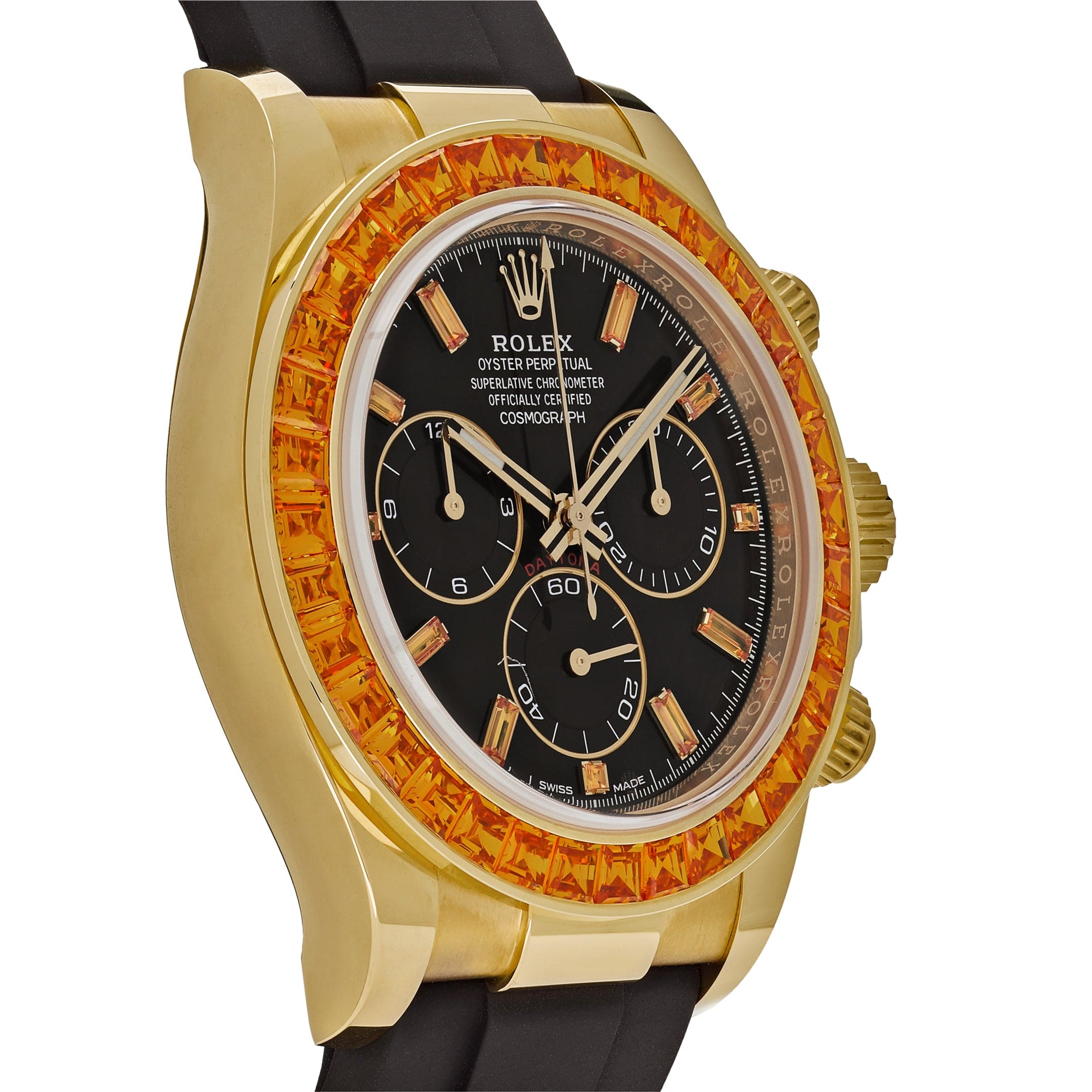 Rolex Daytona 116588SACO Yellow Gold Orange Sapphire Bezel Black Diamond Dial