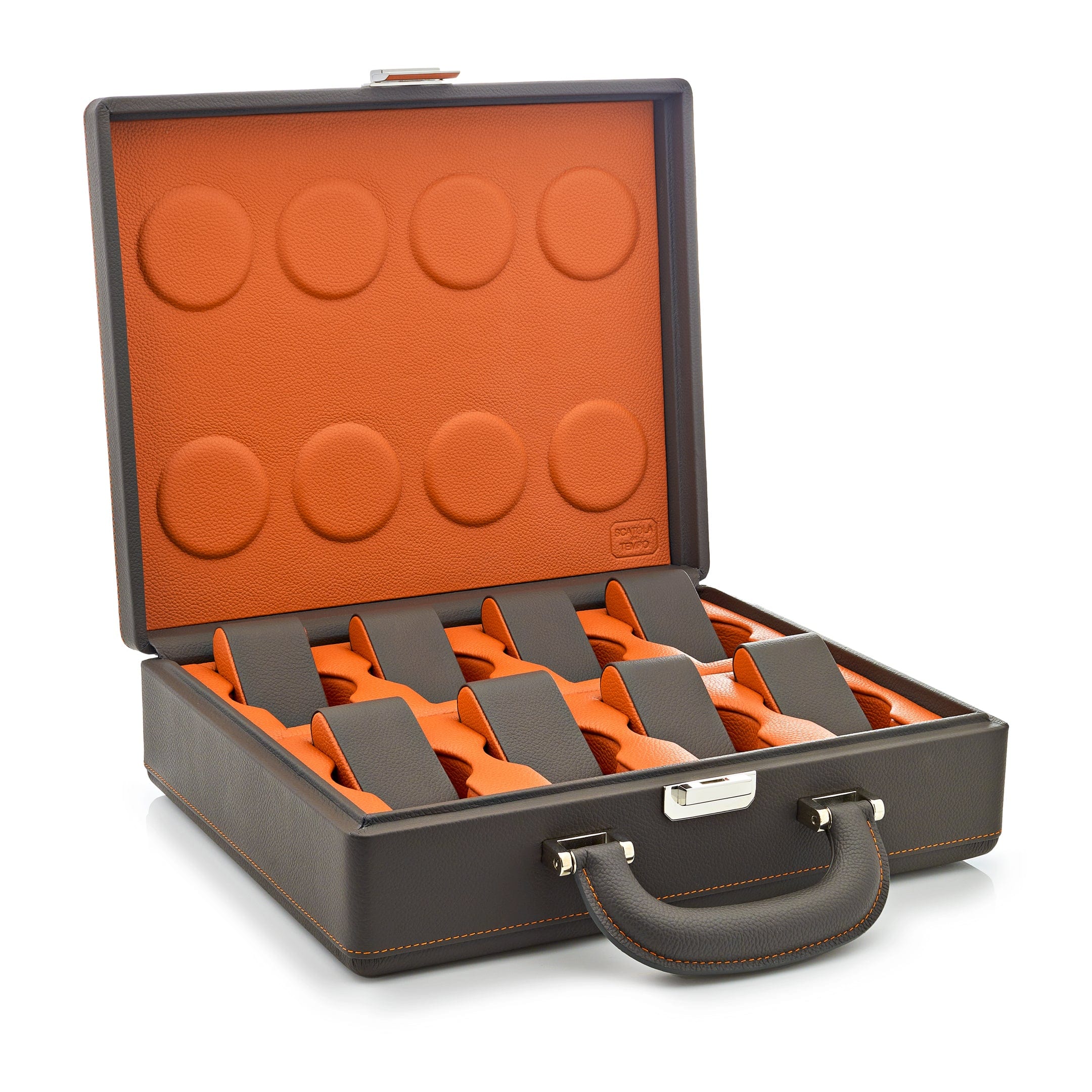 Wrist Aficionado Full-Grain Leather 8-Piece Travel Watch Case Grey/Orange