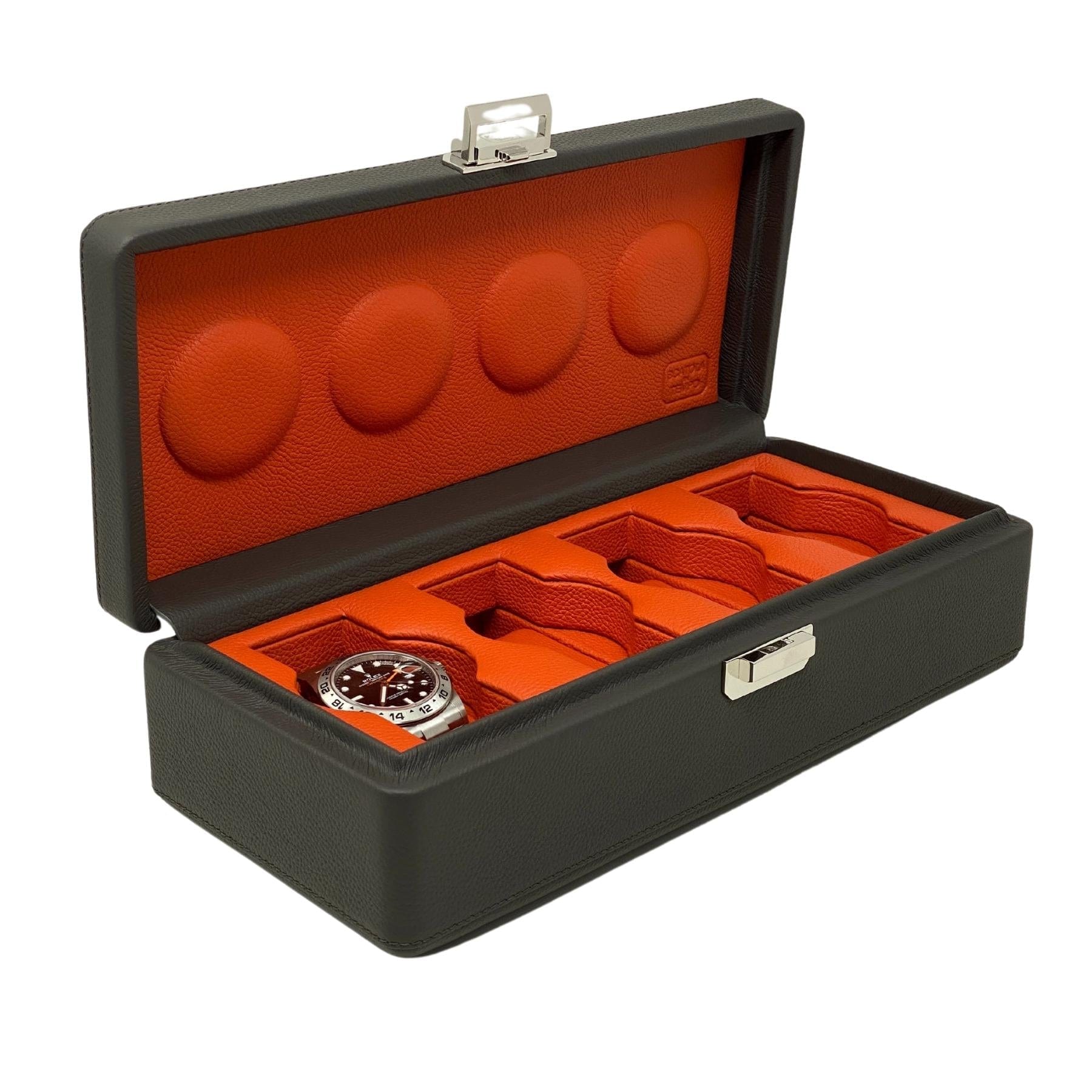 Wrist Aficionado Grey and Orange Leather Watch Box for 4 Watches